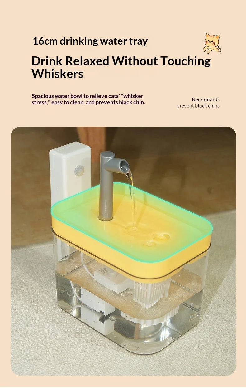 Automatic pet water fountain with a clear tank, yellow tray, and grey spout, providing filtered flowing water.
