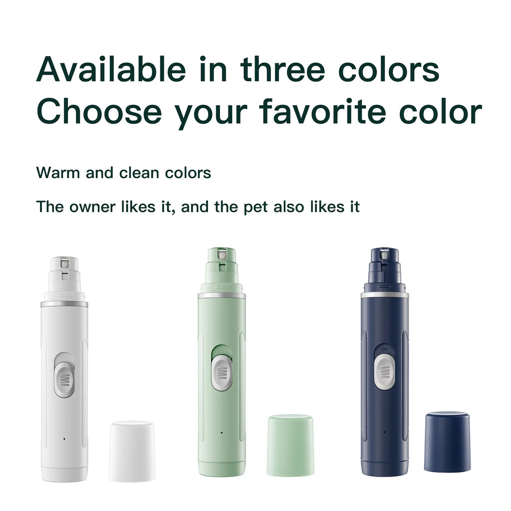 Three electric pet nail grinders with LED lights, shown in white, pastel green, and dark blue with matching caps.