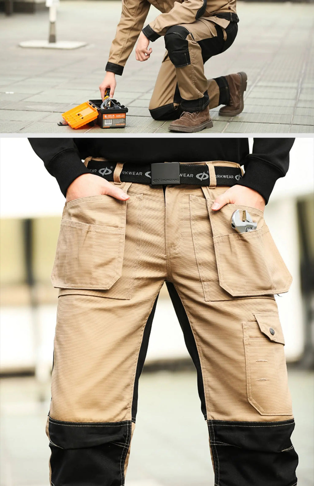 Men’s beige and black cotton work trousers featuring multiple utility pockets, reinforced knee panels, and a belt.