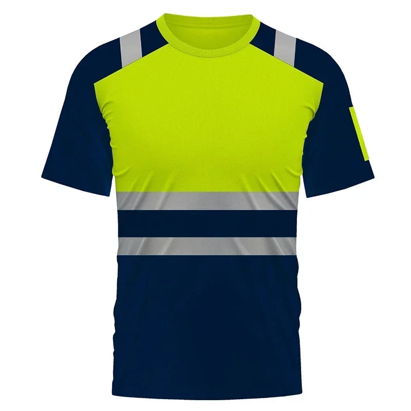 High-vis yellow and navy work T-shirt with reflective silver strips on the chest and shoulders.