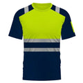 High-vis yellow and navy work T-shirt with reflective silver strips on the chest and shoulders.