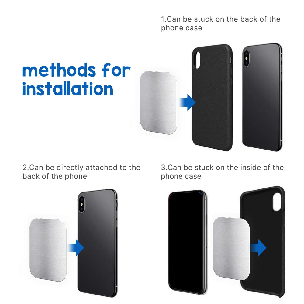 Silver rectangular metal adhesive plates for phone mounting, showing three installation methods on phone cases and back.