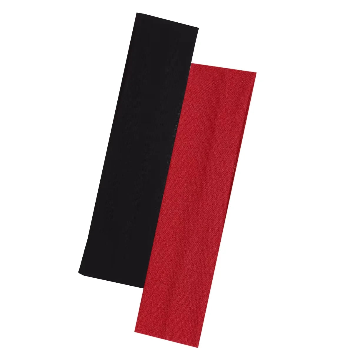 Two wide, plain fabric headbands in black and dark red, angled against a white background.