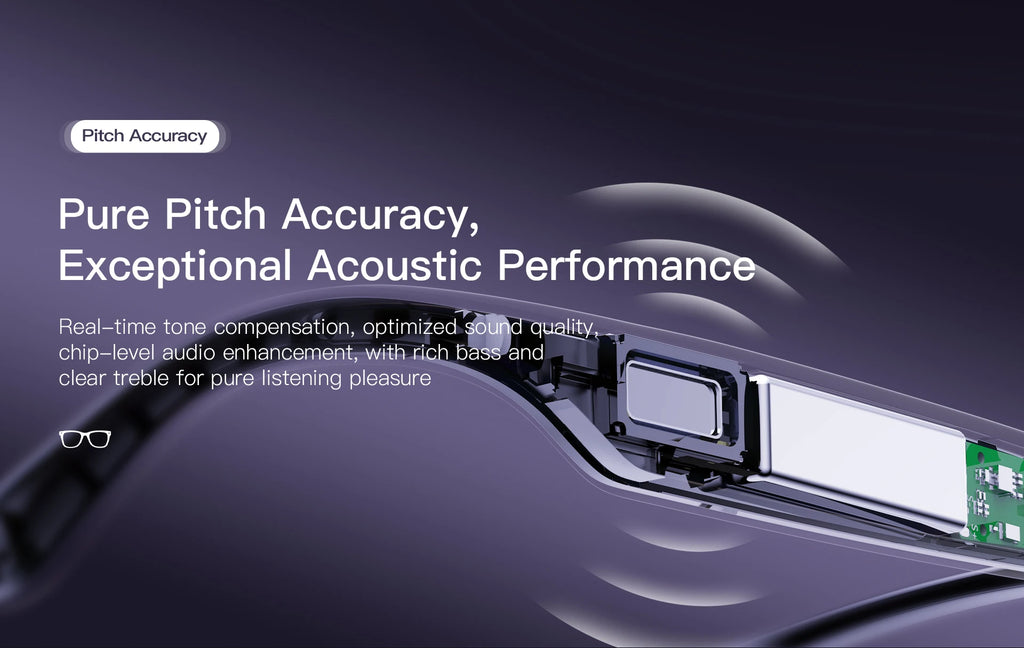 Close-up of smart glasses frame interior, showcasing high-tech internal audio components and circuitry in dark grey.