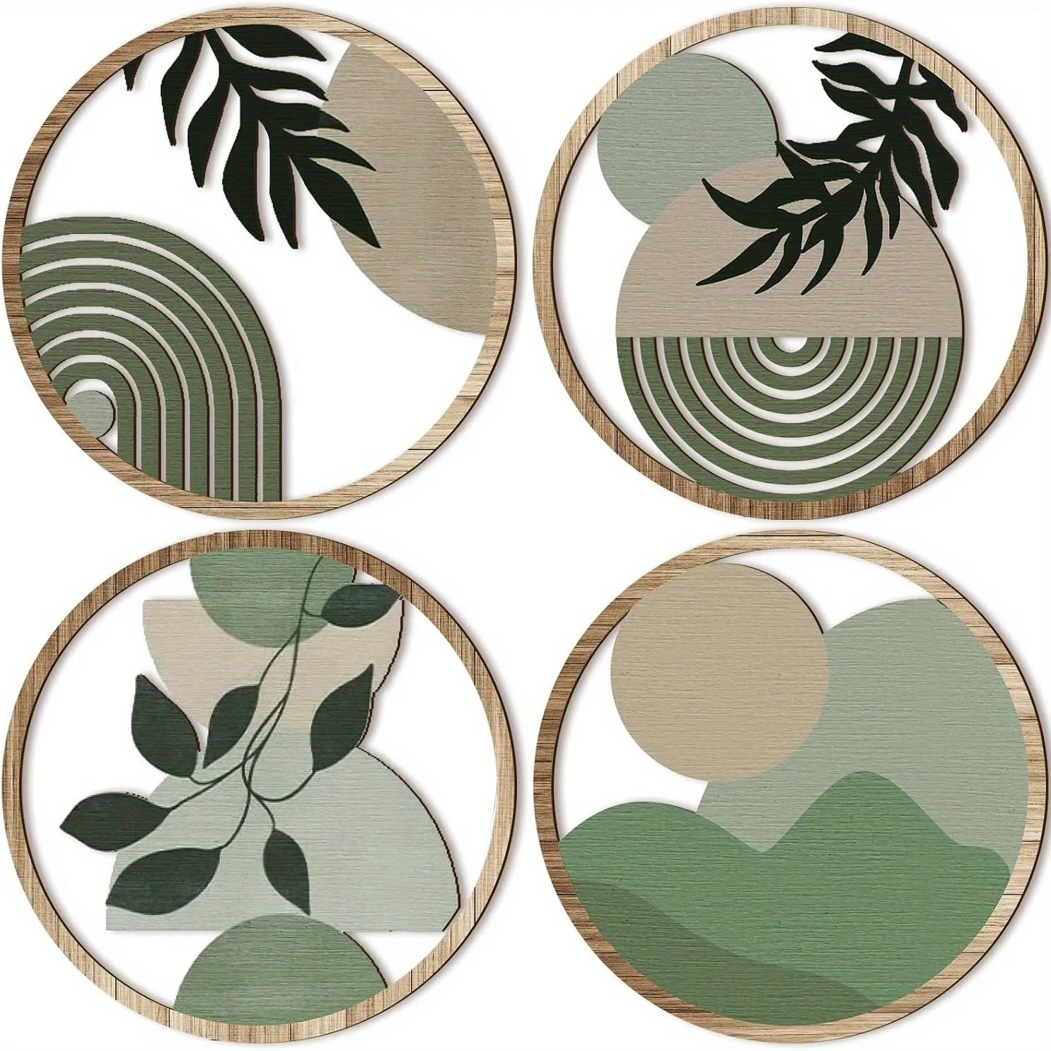 Set of 4 circular wooden wall art pieces in boho style, featuring abstract green and beige botanical designs.