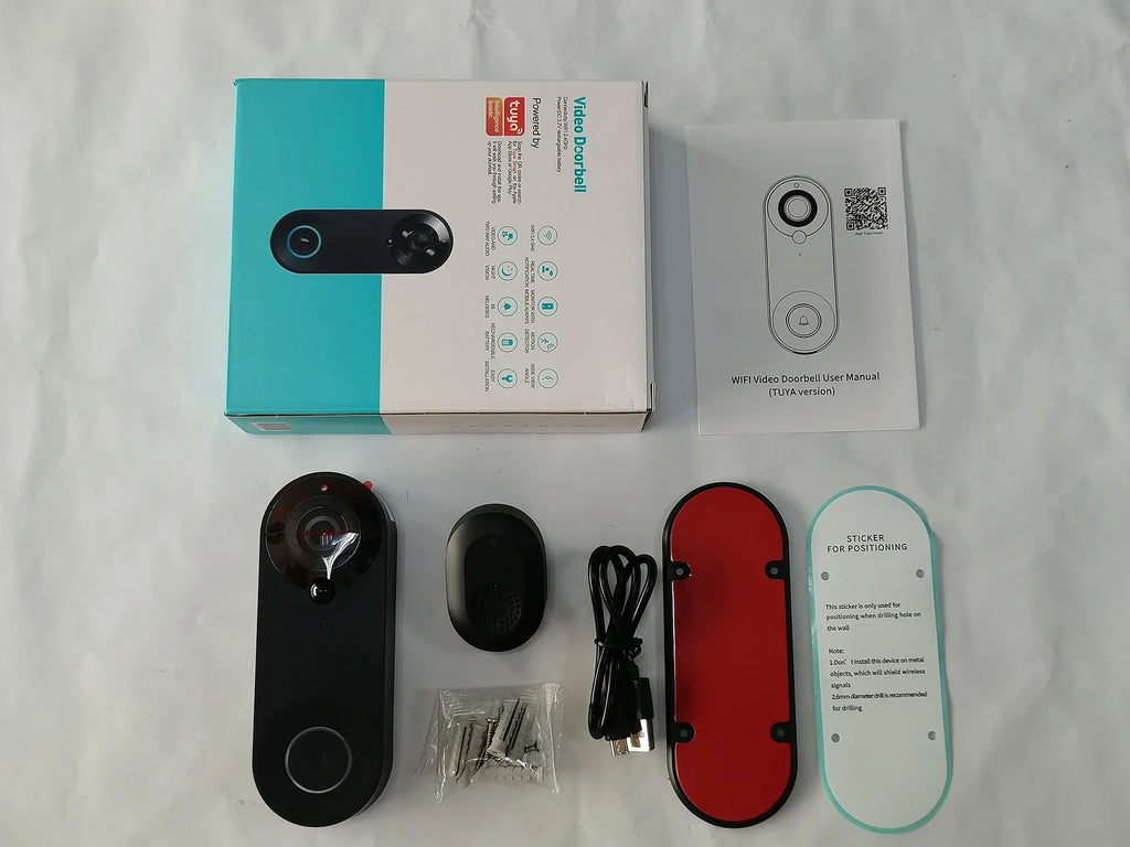 1080P wireless smart video doorbell kit in black, including doorbell unit, chime, mounting bracket, and user manual.