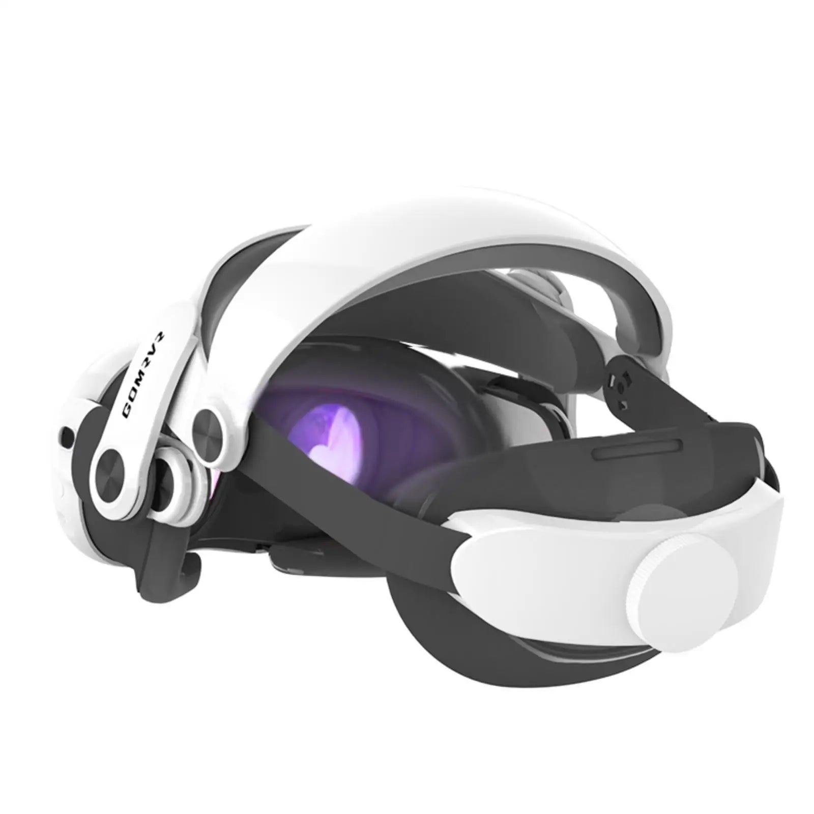 White and black adjustable halo strap for Meta Quest 3, featuring a rear tension dial for a comfortable, secure fit.