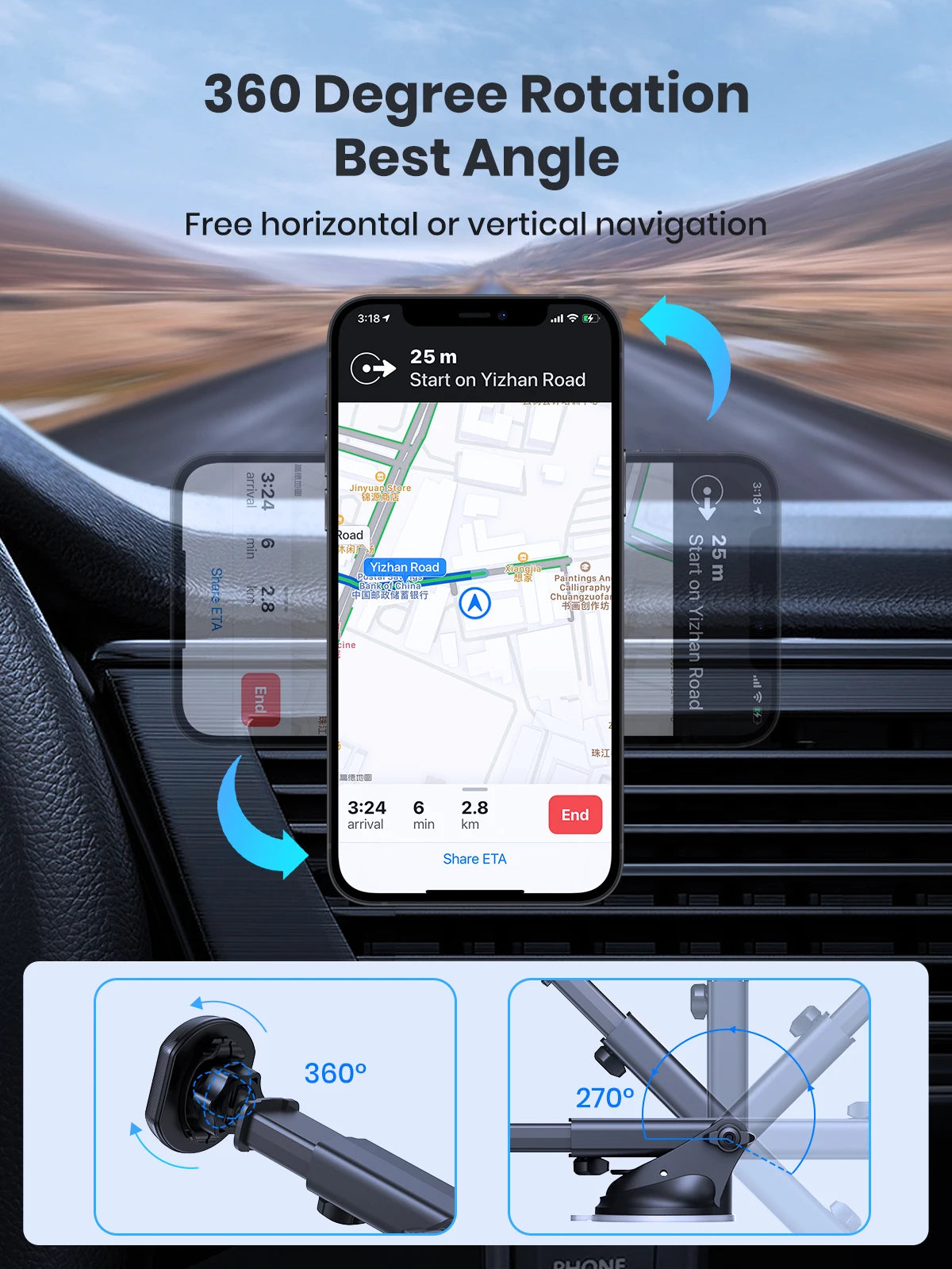 Black car phone mount with 360-degree rotation and adjustable arm, shown attached to a car dashboard.