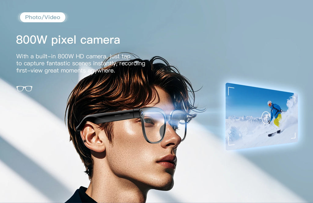 A man wearing stylish black smart glasses with an integrated HD camera, projecting a skier image in the air.