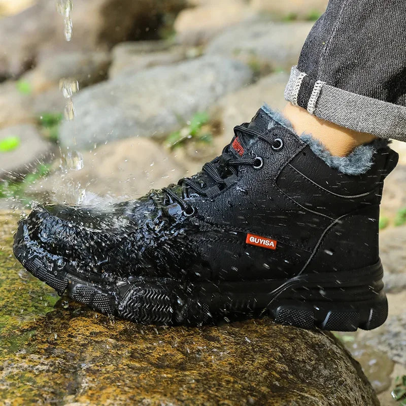 Black leather safety work boot with plush lining, steel toe, and water splashing on it.