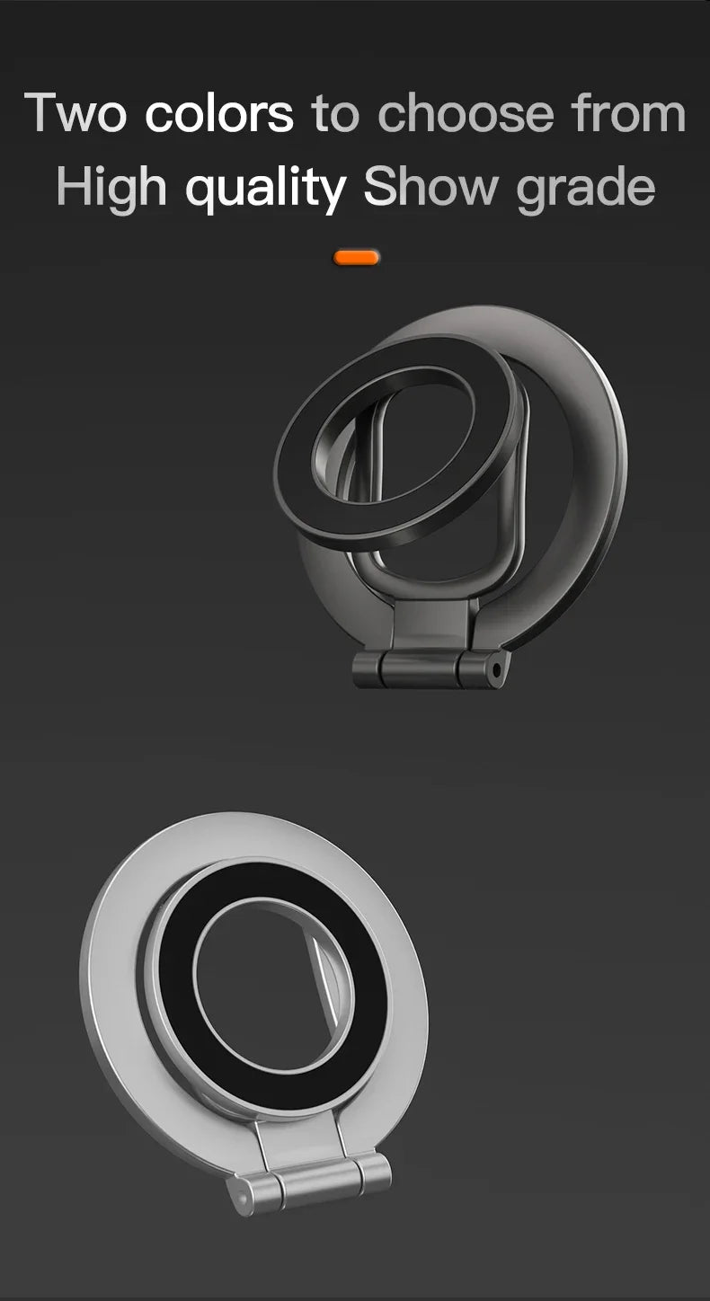 Two circular phone ring holders in black and silver with foldable metal designs, shown against a dark grey background.