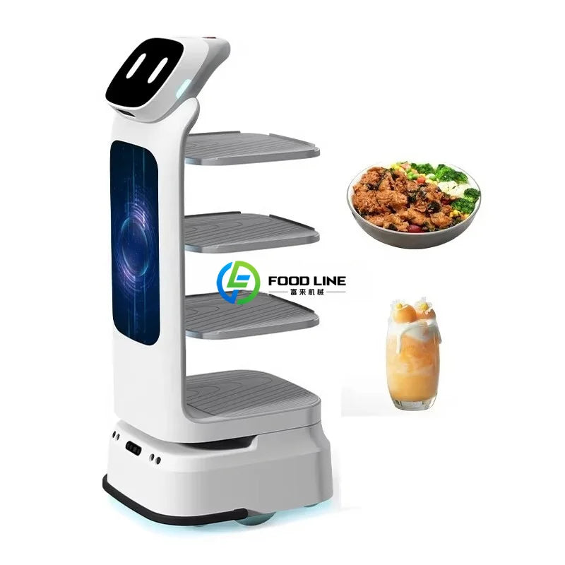 A white delivery robot with four shelves and a digital face screen, alongside a bowl of food and a drink.