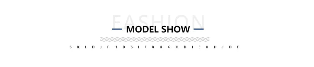 Decorative banner featuring the text "Fashion Model Show" with navy blue lines and wavy grey accents.
