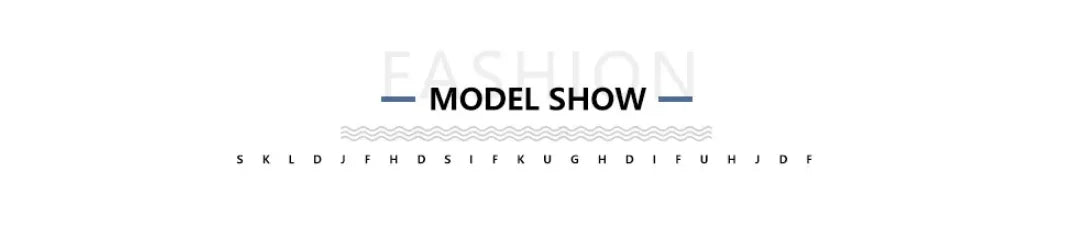Decorative banner featuring the text "Fashion Model Show" with navy blue lines and wavy grey accents.