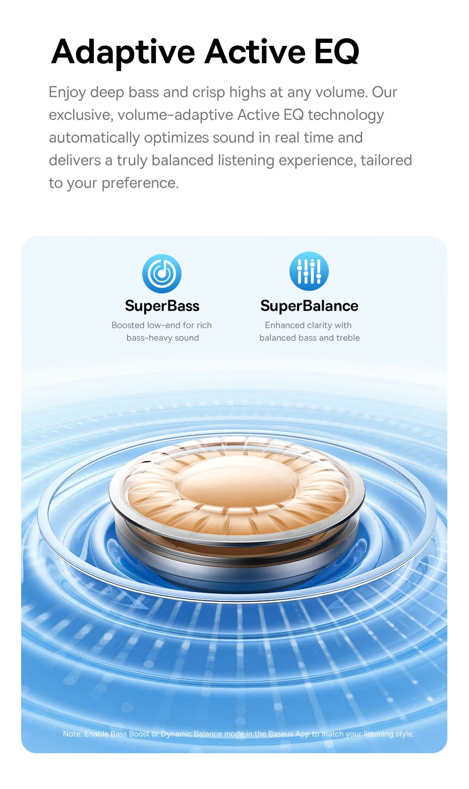 Product graphic showing a gold headphone speaker driver surrounded by blue sound waves, detailing EQ sound features.