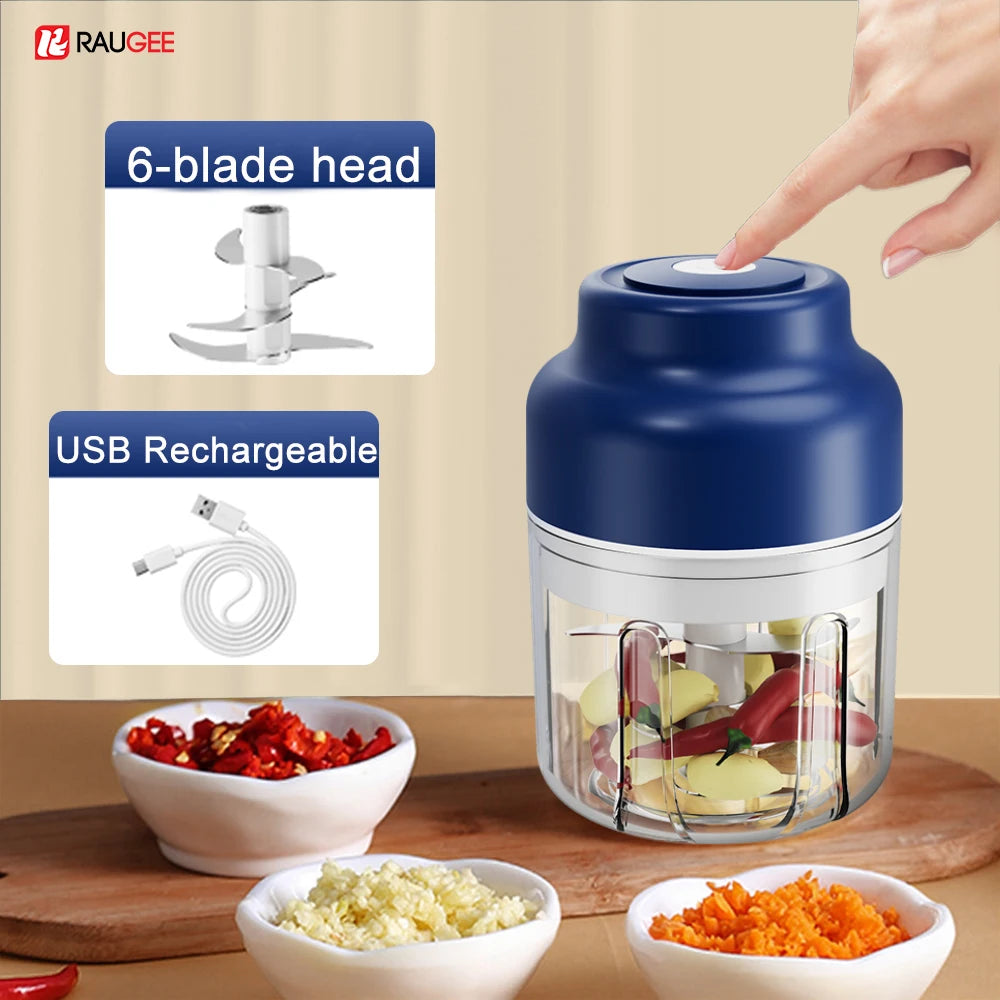 Blue portable USB rechargeable electric food chopper with a 6-blade head, shown processing garlic and chili.