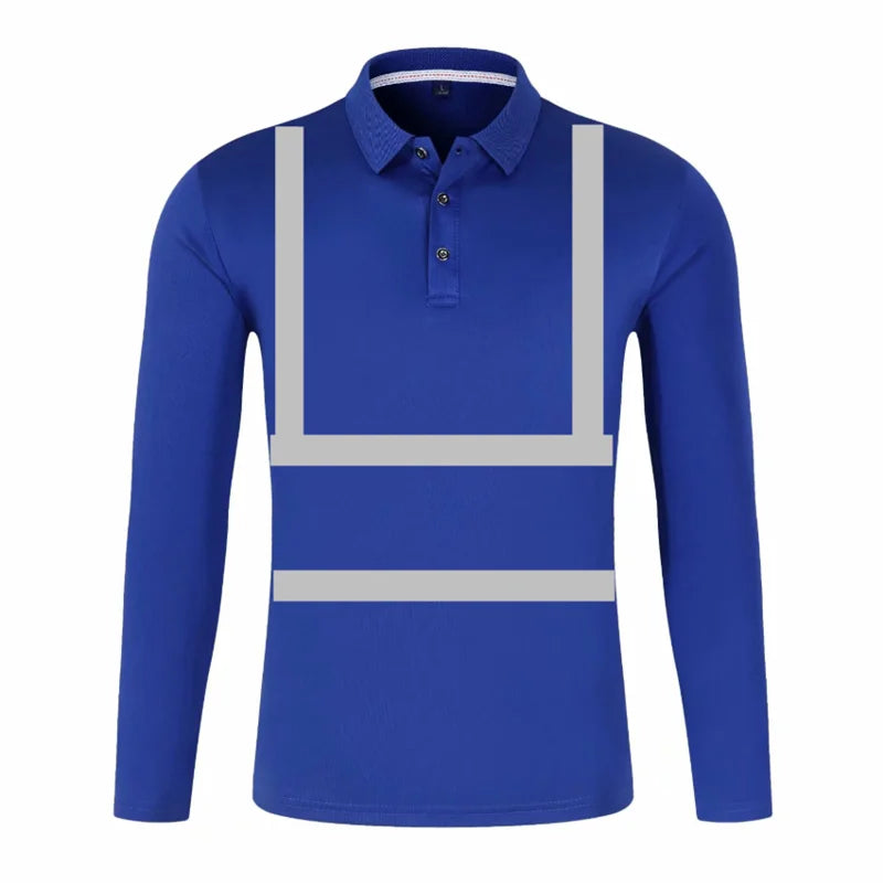 Blue long-sleeved polo shirt with a buttoned collar and horizontal and vertical silver reflective safety stripes.