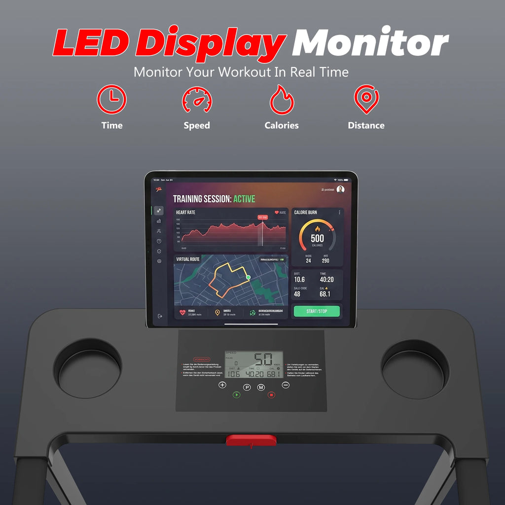 Black folding treadmill console with integrated LED display, cupholders, and a tablet showing workout data.