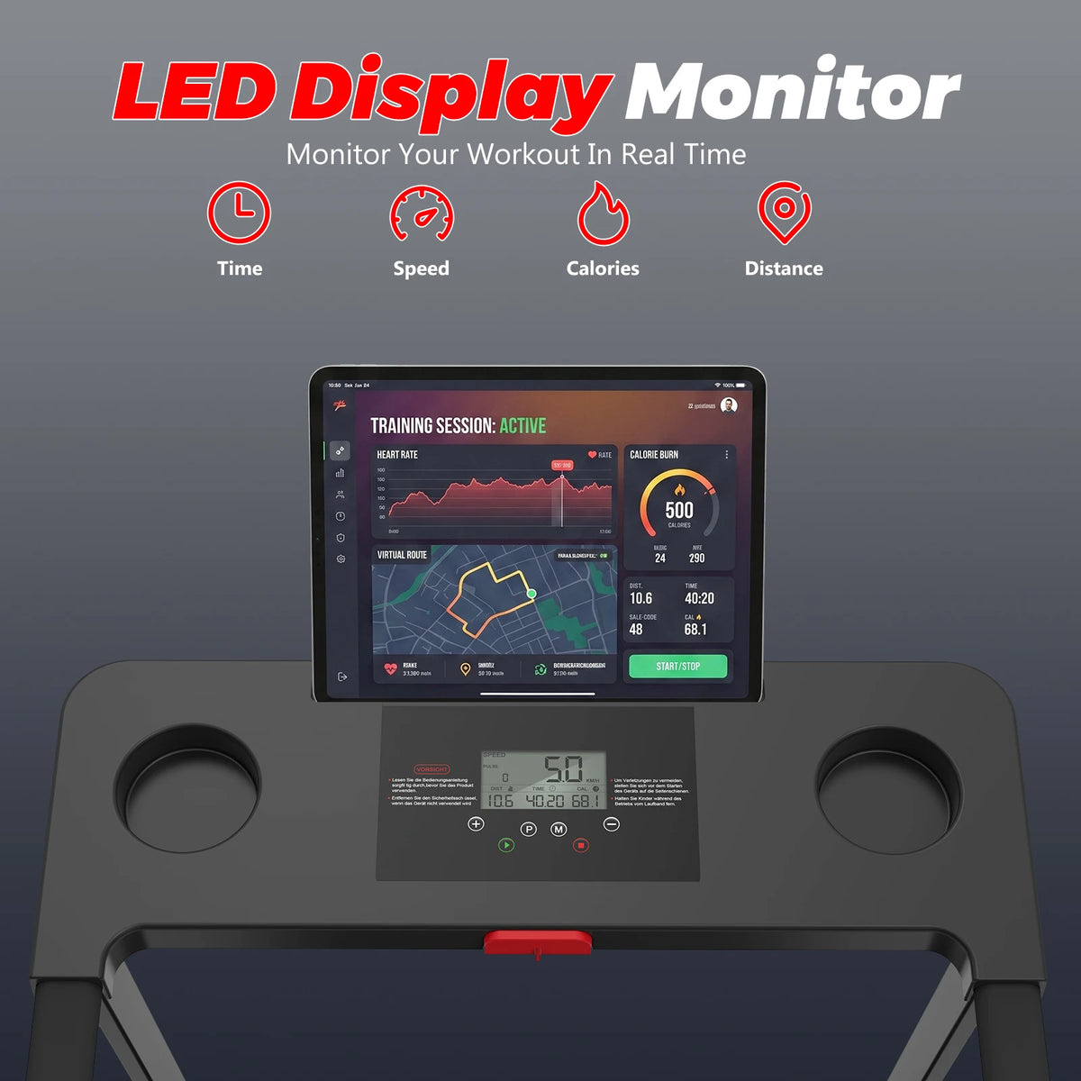 Black folding treadmill console with integrated LED display, cupholders, and a tablet showing workout data.