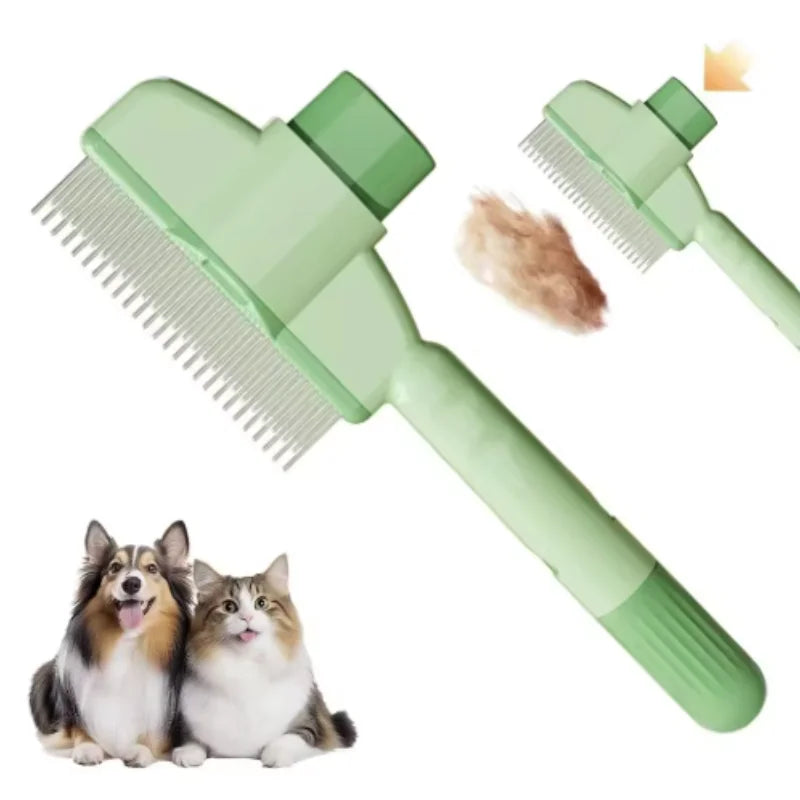 Sage green self-cleaning pet grooming brush for cats and dogs with a push-button hair release mechanism.