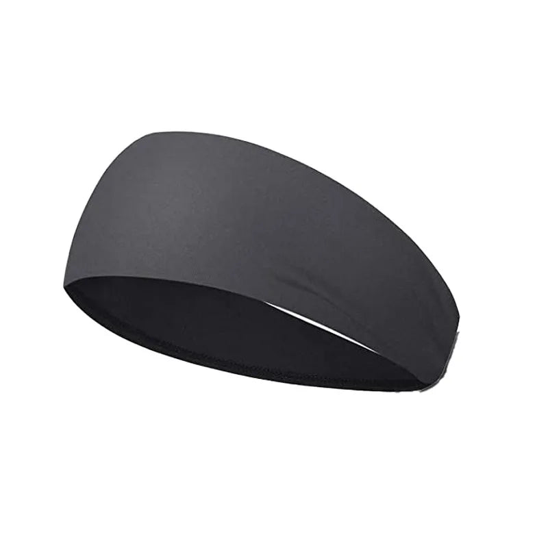 A plain, charcoal-grey athletic headband made from smooth, stretchy fabric, shown against a white background.