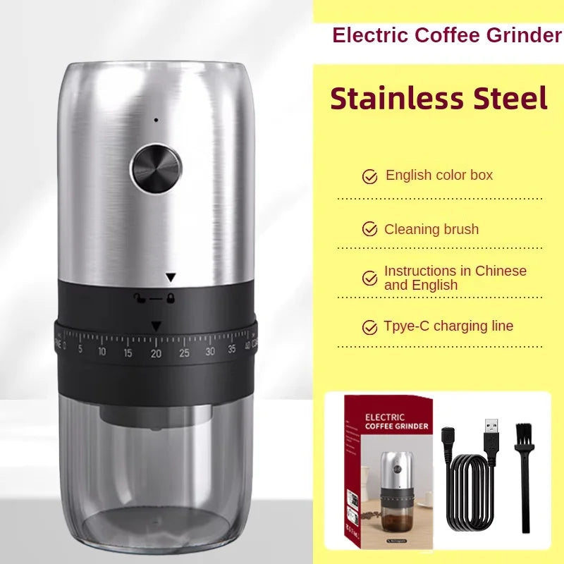 Electric stainless steel coffee grinder with a black adjustment ring, clear base, and included accessories.