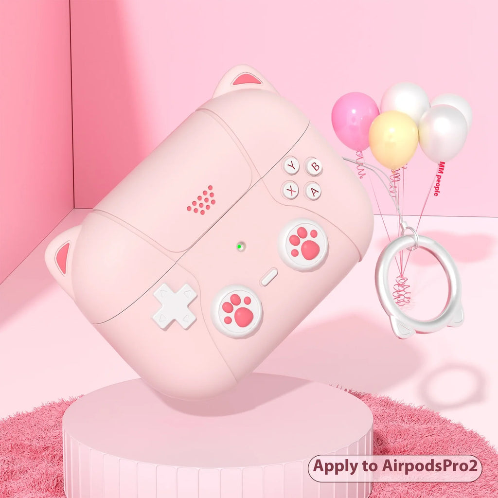 Pink silicone AirPods Pro 2 case featuring a cute cat-themed gaming controller design with paw print buttons.