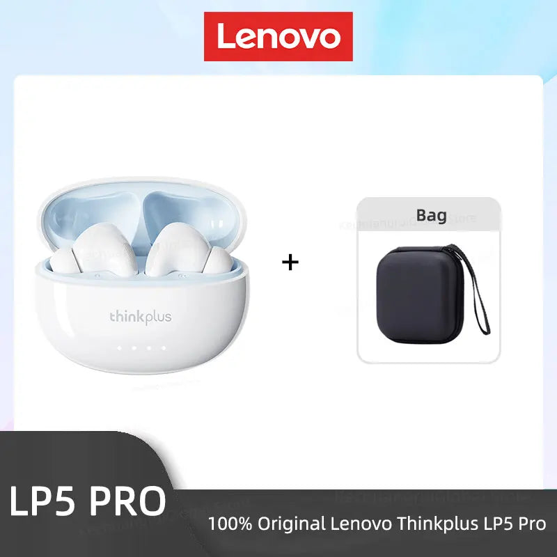 White wireless earbuds in a round charging case, accompanied by a small black square carrying case.