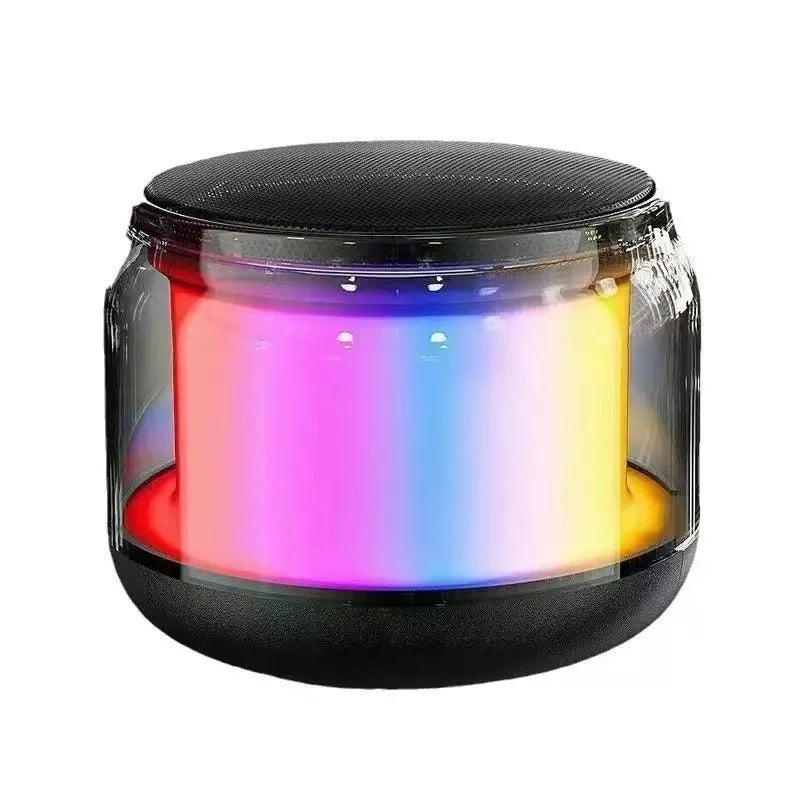 Compact black portable wireless speaker with a transparent casing and vibrant, multi-coloured LED light display.