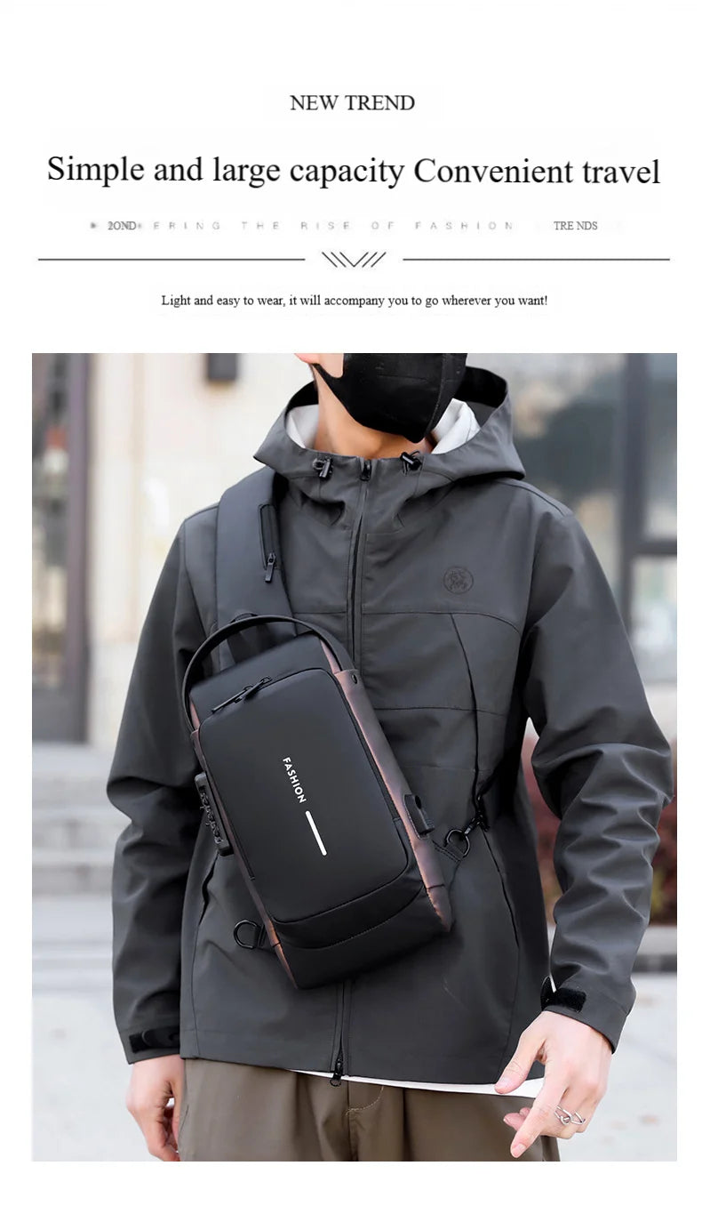 A man wearing a sleek black anti-theft chest bag with a combination lock and integrated USB charging port.
