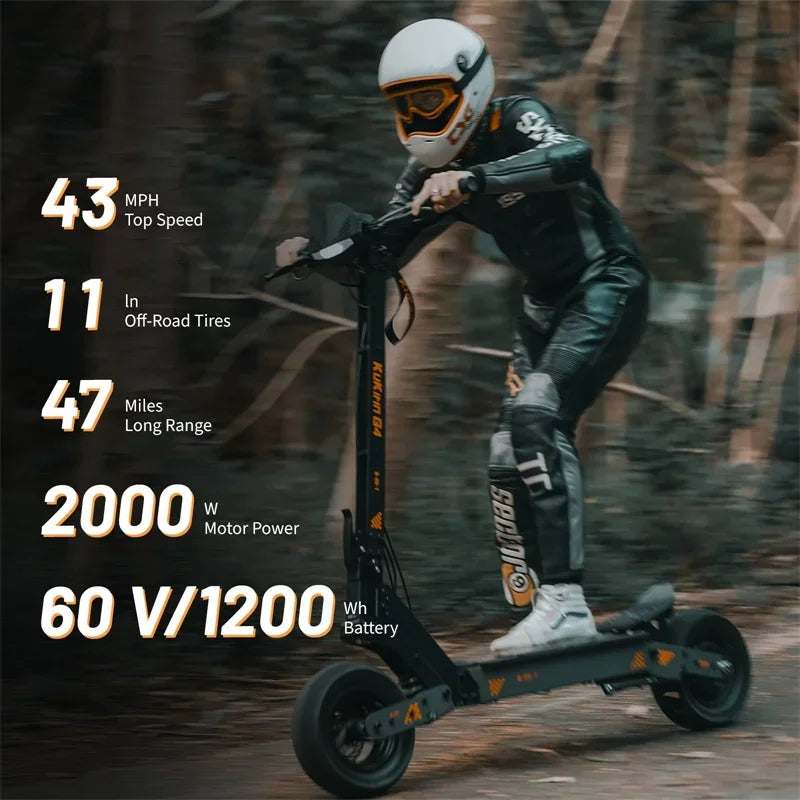 Rider in safety gear on a black KuKirin G4 electric scooter with 11-inch off-road tires on a dirt path.
