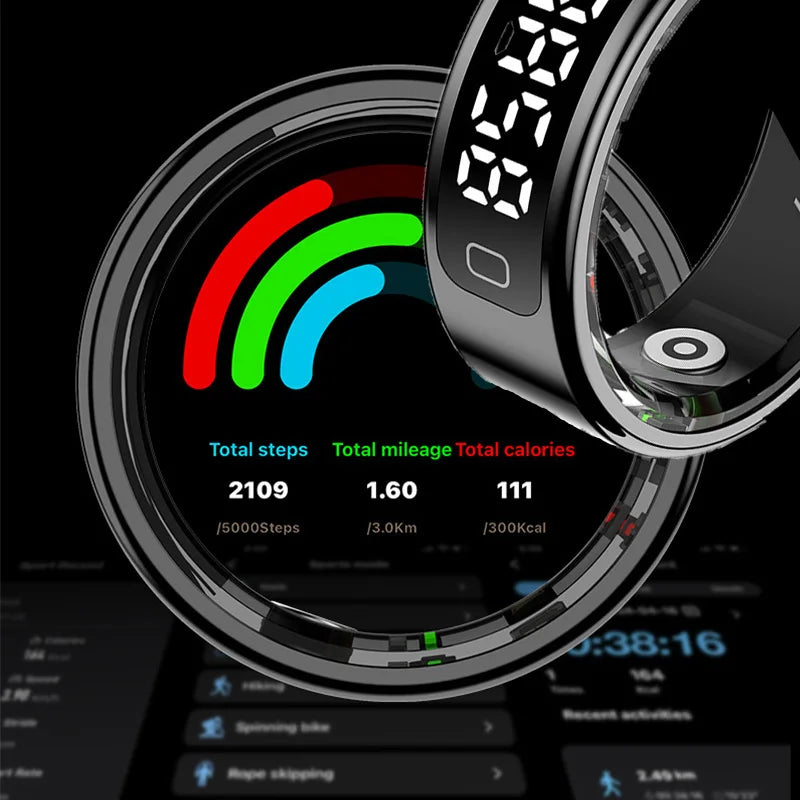 Sleek black smart health ring featuring a digital LED display and an app showing step, mileage, and calorie tracking.