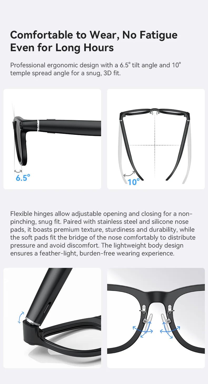 Matte black smart glasses with ergonomic tilt, flexible hinges, and comfortable, adjustable silicone nose pads.