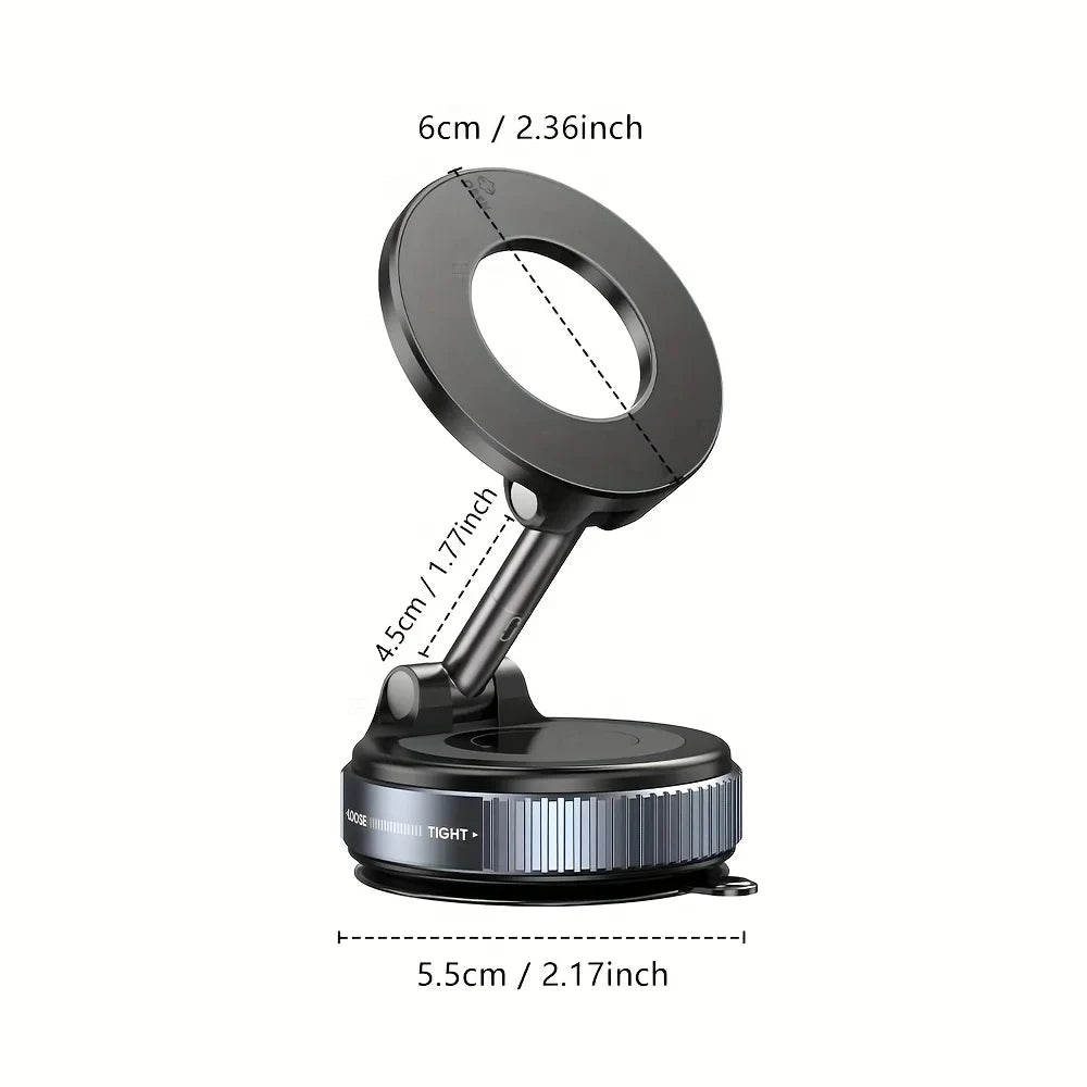 Dark grey adjustable ring-shaped phone mount with suction base and measurement labels.