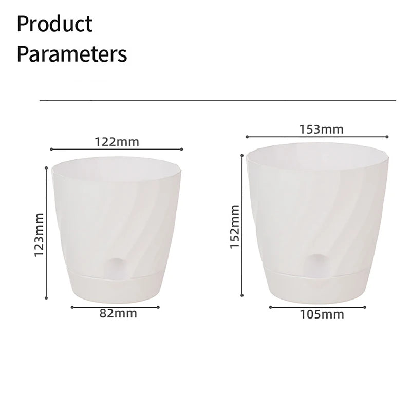 Two white plastic flower pots with a spiral design and dimension labels, shown against a plain white background.