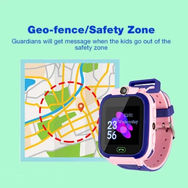 Pink and blue kids’ smart watch with a camera, showing a digital time display and a geo-fence safety zone map graphic.