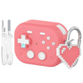 Pink silicone AirPods Pro case shaped like a retro game controller with a heart-shaped pixel art keyring.