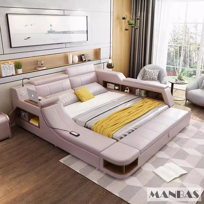 Luxury pink leather smart bed frame with integrated storage shelves, built-in desk, and modern LED lighting.
