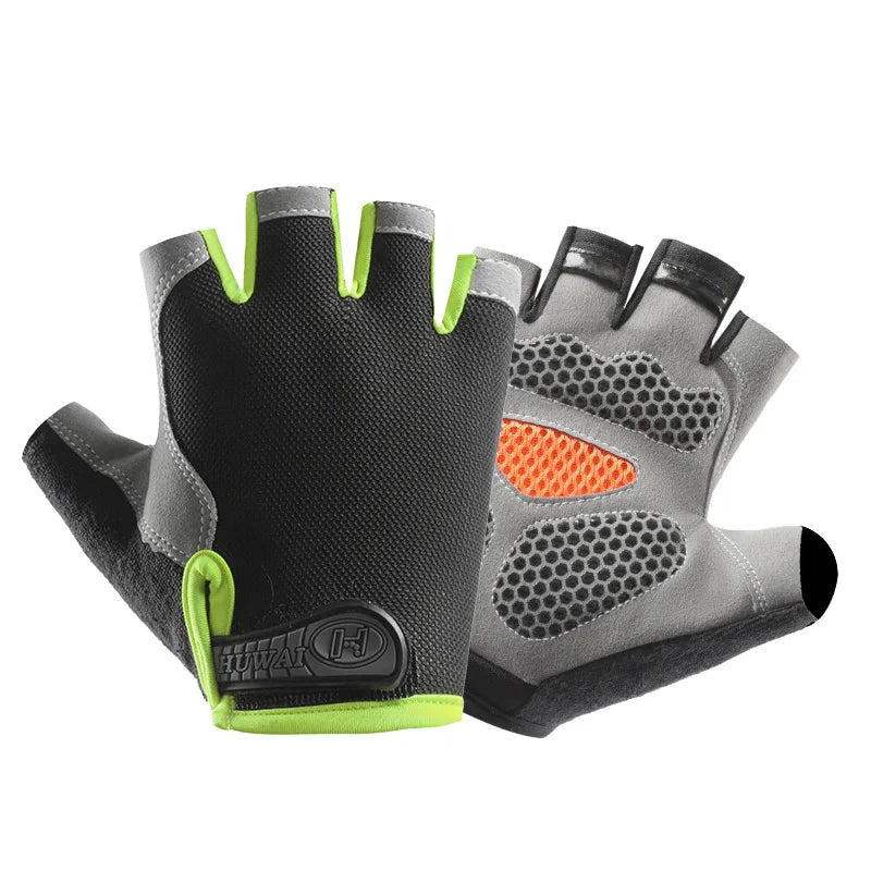 Fingerless cycling gloves in black and grey with neon green trim and orange palm padding against a white background.