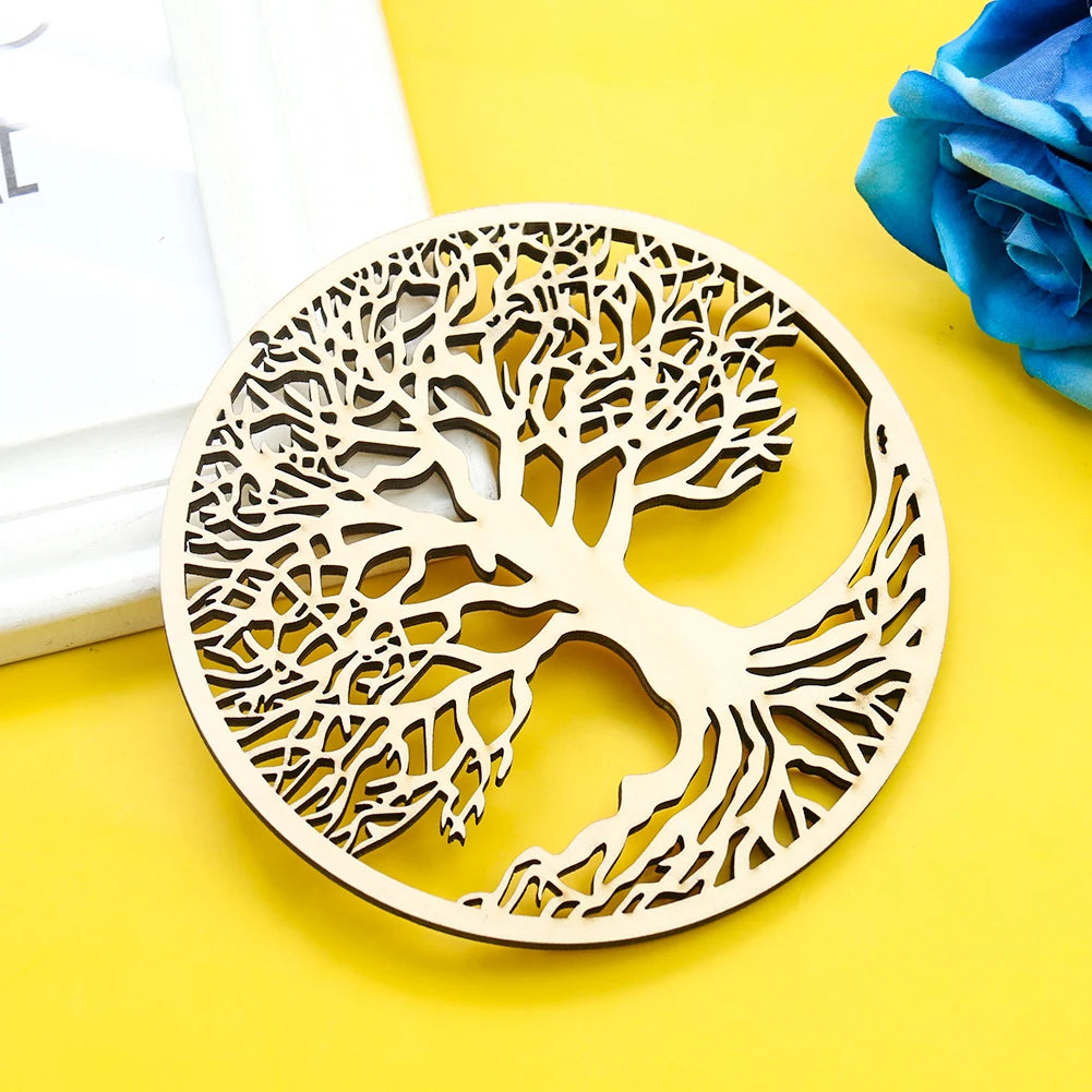 Round, laser-cut wooden coaster featuring an intricate Tree of Life design on a bright yellow background.