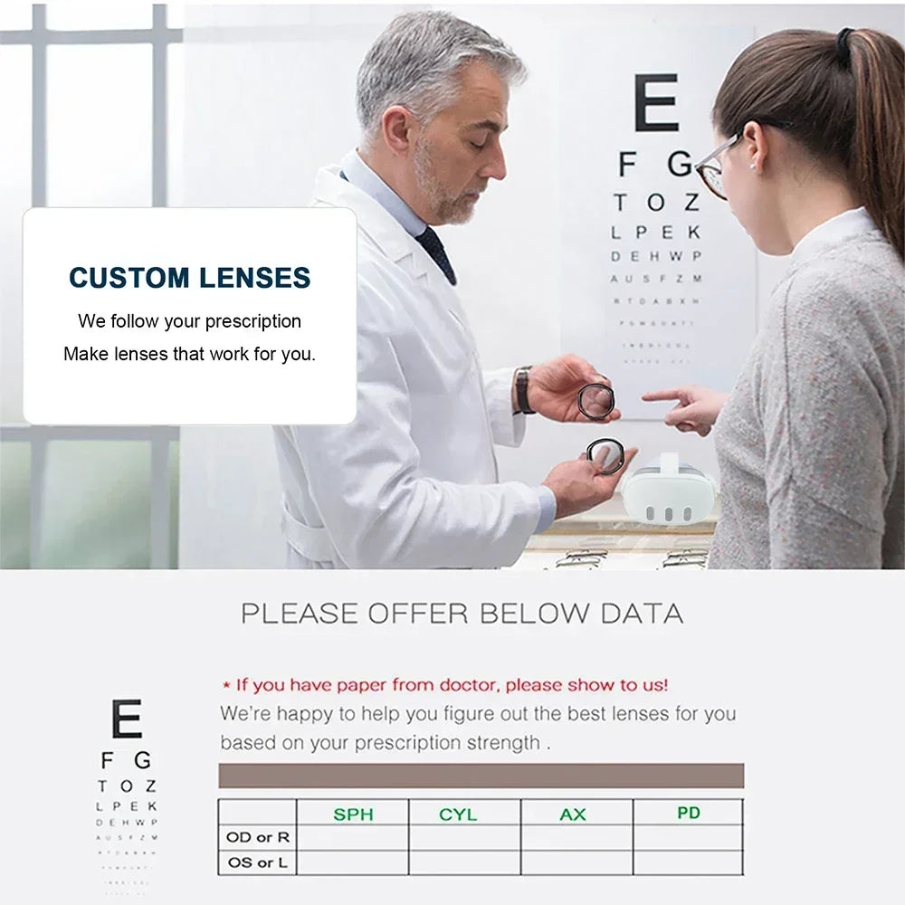 Optometrist holding black magnetic prescription lenses for Meta Quest 3 VR headset with custom prescription chart.