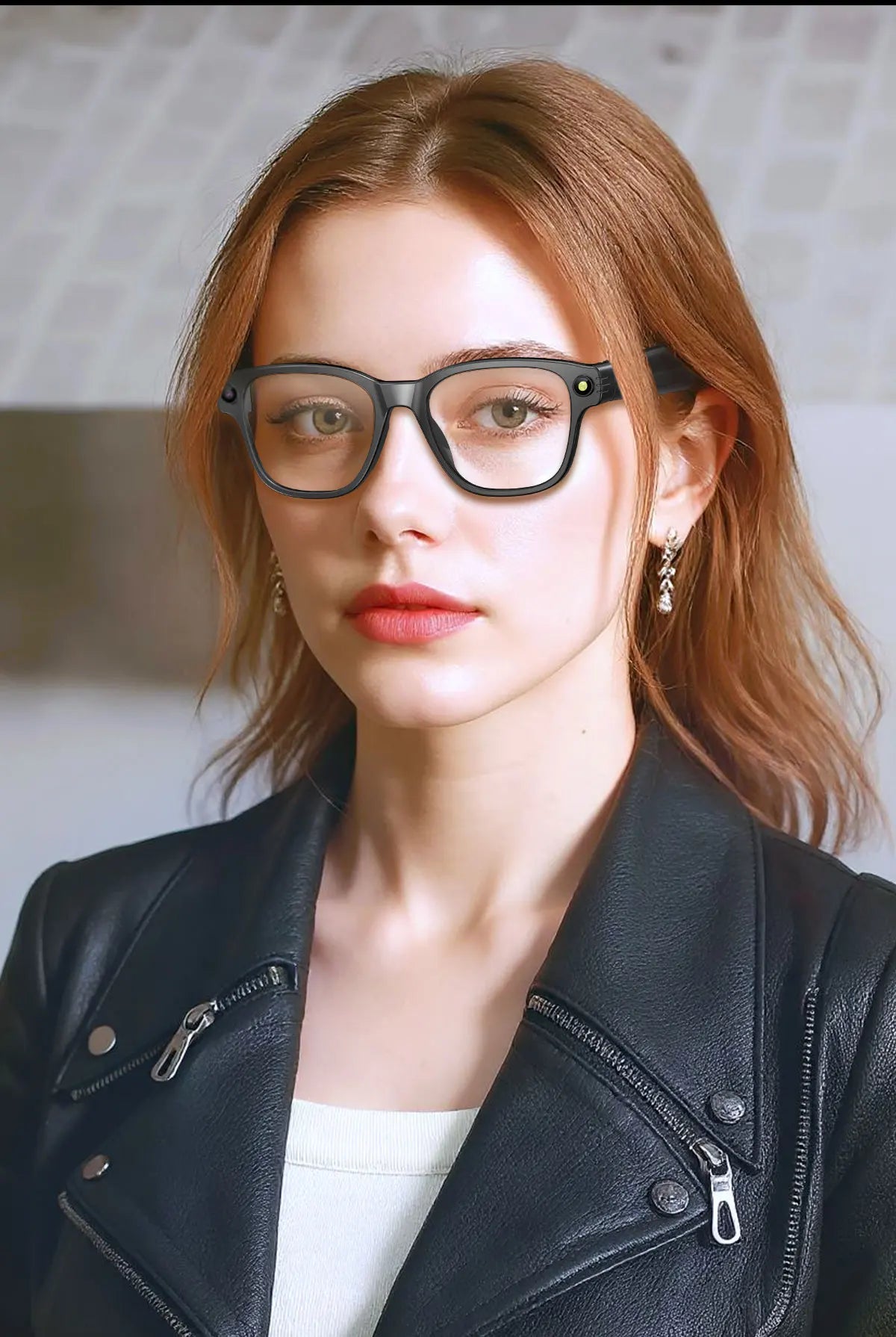 A person wears sleek, black smart glasses with a built-in HD camera, styled in a modern, rectangular frame design.