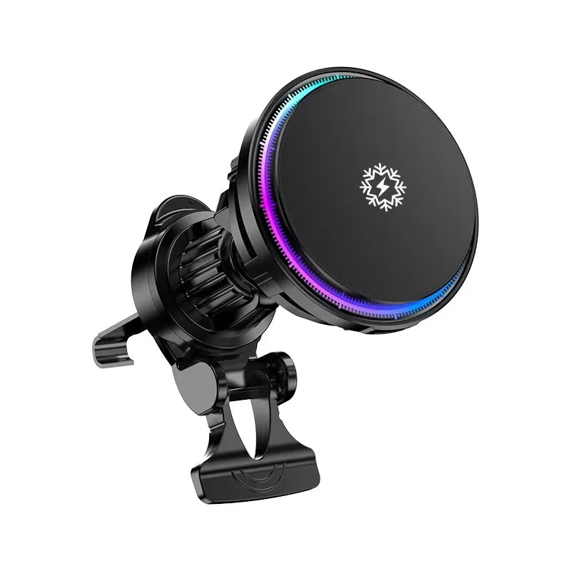 Black car vent phone mount with a round, magnetic cooling head featuring a glowing RGB ring light and snowflake icon.