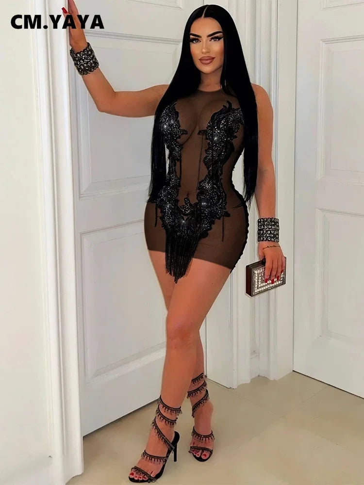 Black sleeveless mini dress with sheer mesh, o-neck, sequined embroidery, and a beaded tassel hem.