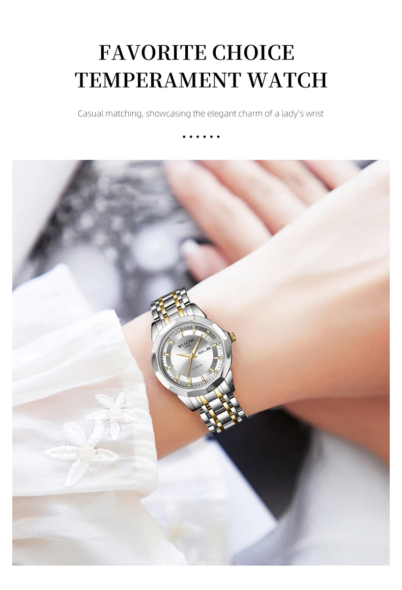 A stylish two-tone silver and gold stainless steel watch with a round face, worn on a woman's wrist.