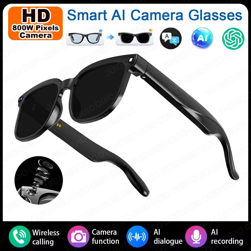 Sleek black smart glasses featuring an HD camera, AI translation, wireless calling, and recording functions.