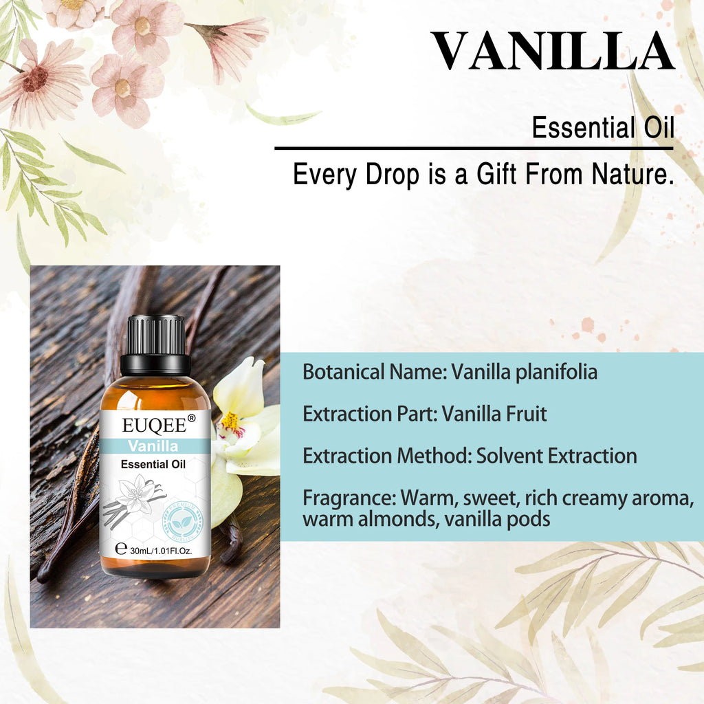 A 30ml amber glass bottle of vanilla essential oil with a black cap, displayed on a wooden surface with vanilla pods.