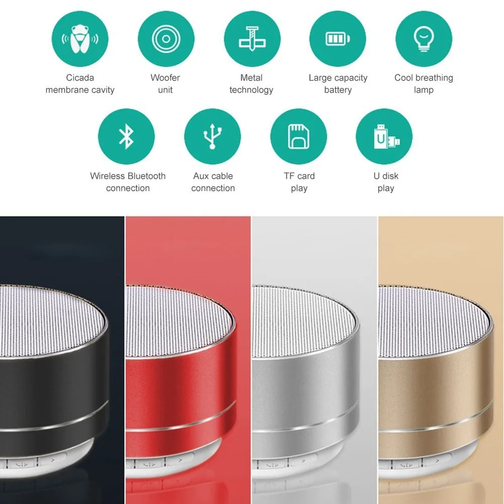 Portable aluminium Bluetooth speakers in black, red, silver, and gold, featuring a subwoofer and integrated LED light.