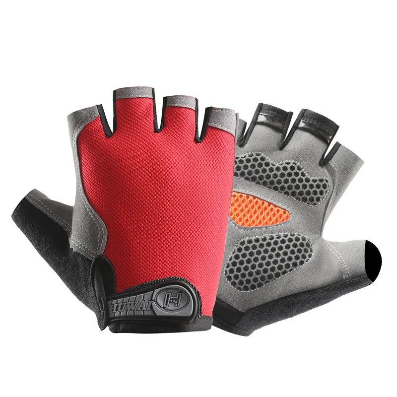 Fingerless cycling gloves in red and grey, featuring textured palm padding and a branded wrist strap.
