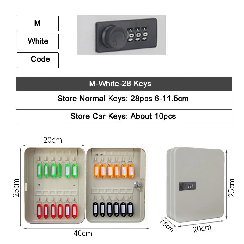 White metal wall-mounted key cabinet with a combination lock, 28 key hooks, and multi-colored key tags.